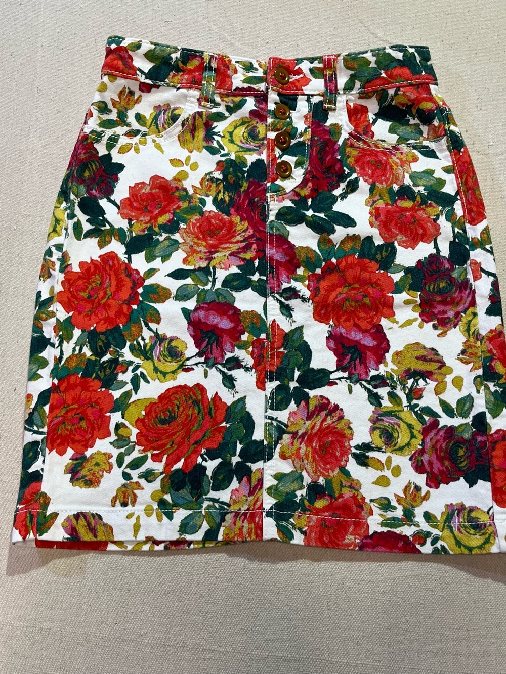 Maeve by Anthropologie Rose Garden Floral Denim Pencil Skirt, Button Fly, Sz 0P